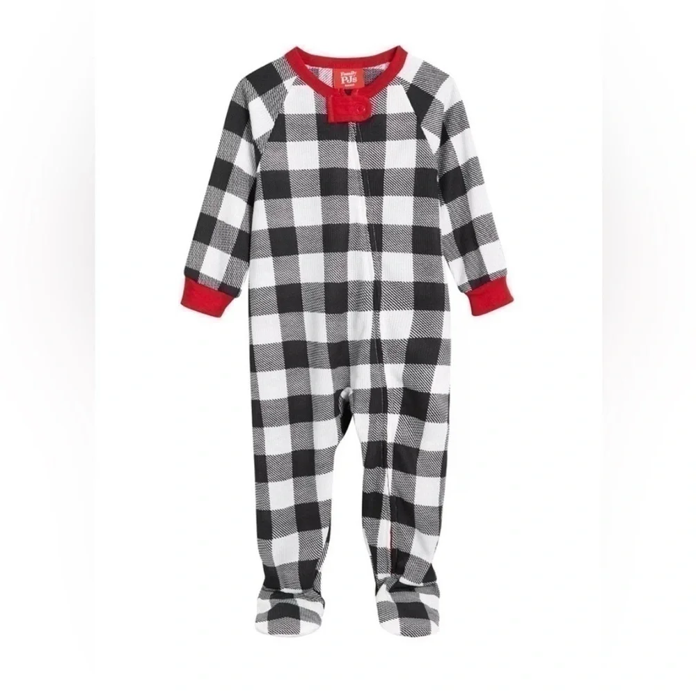 Family Pajamas Matching Baby Thermal Waffle Buffalo Check Footie One-Pieces